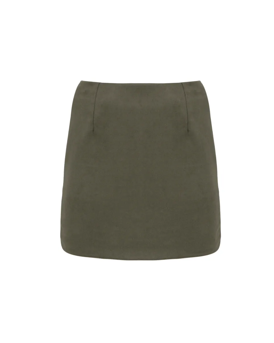 EARTHSTONE SKIRT – Suede-effect χακί μίνι φούστα