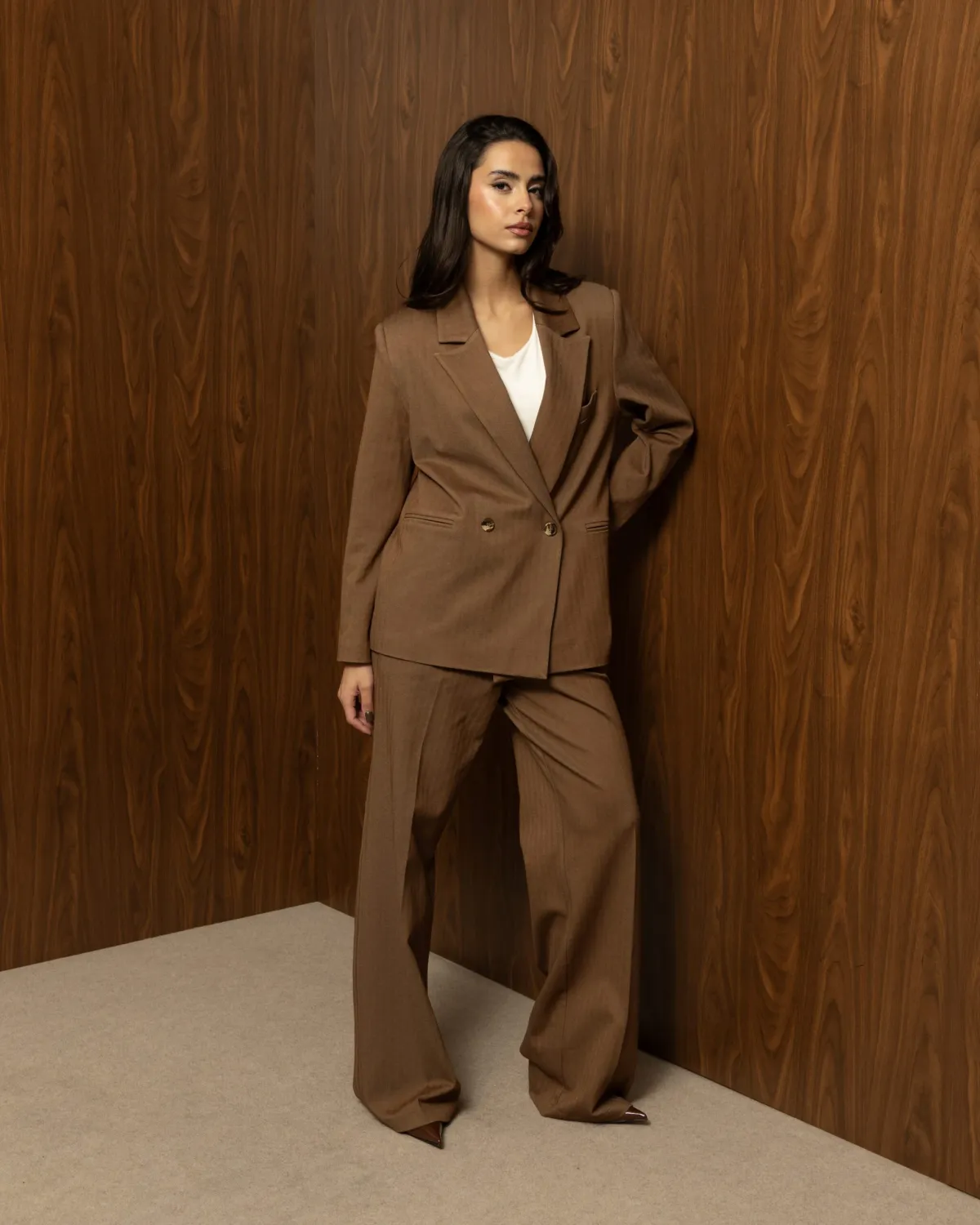 MOCHA FRAME BLAZER – Καφέ γυναικείο διπλόκουμπο σακάκι herringbone