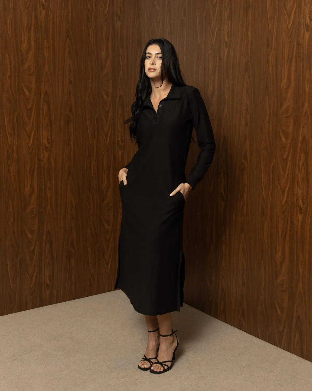 EVERYDAY BLACK DRESS – Μαύρο βαμβακερό φόρεμα με ζώνη και μακρύ μανίκι