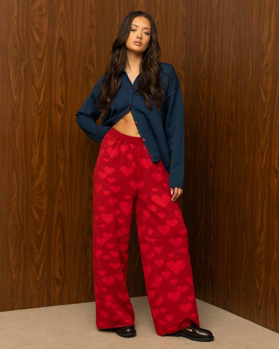 LOVEBEAT PANTS – Κόκκινο πλεκτό παντελόνι με καρδιές