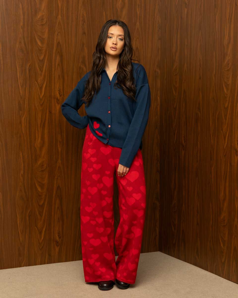 LOVEBEAT PANTS – Κόκκινο πλεκτό παντελόνι με καρδιές