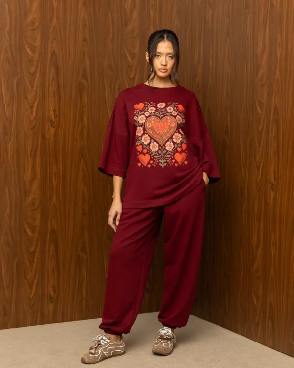 HEARTBLOOM SWEATPANTS – BURGUNDY / Μπορντό φούτερ παντελόνι με λάστιχο
