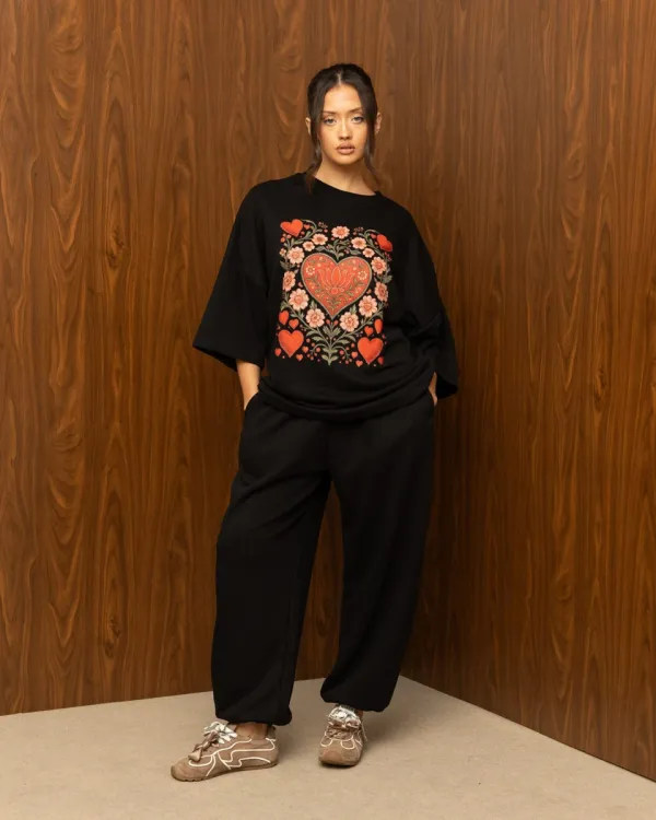 HEARTBLOOM SWEATPANTS – BLACK / Μαύρο φούτερ παντελόνι με λάστιχο